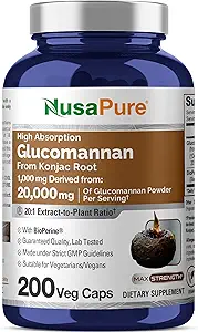 NusaPure Glucomannan 20,000 mg per Serving 200 VCaps (20:1 Extract, BioPerine Non-GMO, Vegan) Konjac Root
