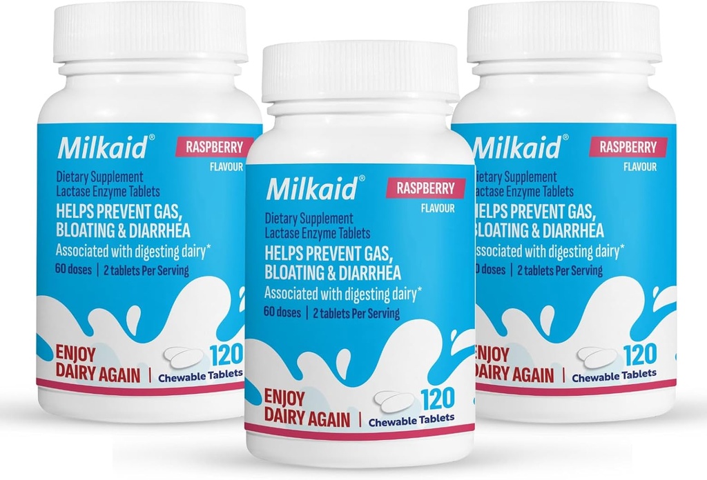 Milkaid Lactase Enzyme Chewable Tablets for Lactose Intolerance Relief | Prevents Gas, Bloating & Diarrhea | Fast Acting Dairy Digestive Supplement (360 Tablets, Raspberry)