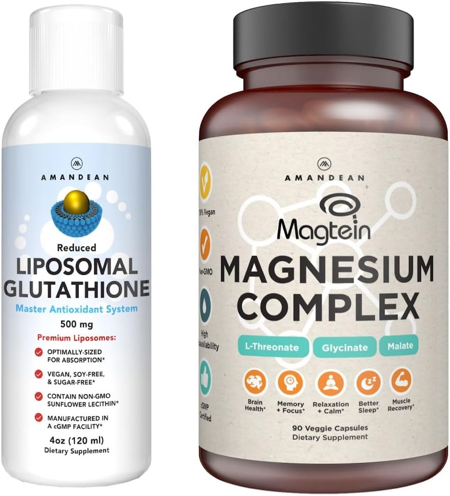 AMANDEAN Premium Liposomal Glutathione & Magnesium Complex Bundle. Antioxidant. Liquid Setria. High-Absorption Magnesium Threonate, Glycinate & Malate. Brain & Liver Health. Memory, Focus & Sleep