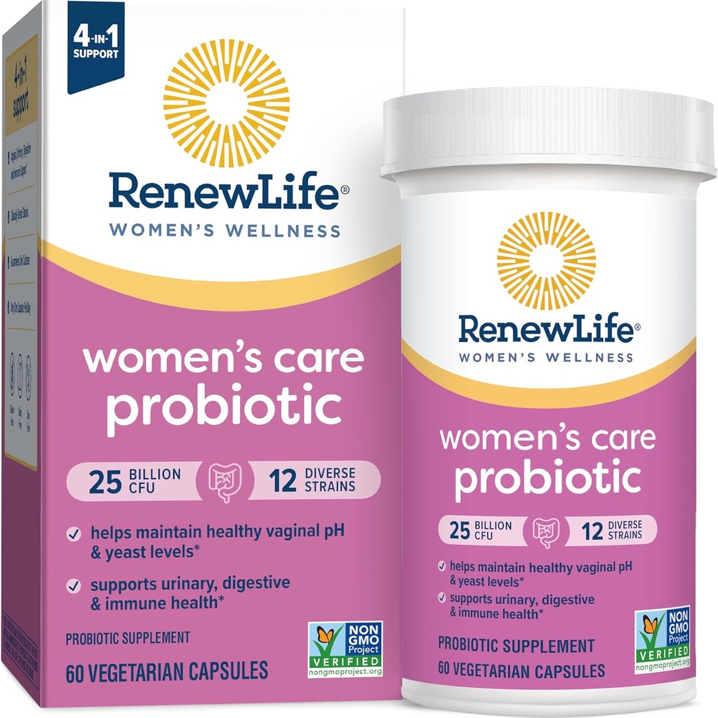 Renew Life Women's Probiotic Capsules, Supports pH Balance for Women, Vaginal, Urinary, Digestive and Immune Health, L. Rhamnosus GG, Dairy, Soy and Gluten-Free, 25 Billion CFU - 60 Ct