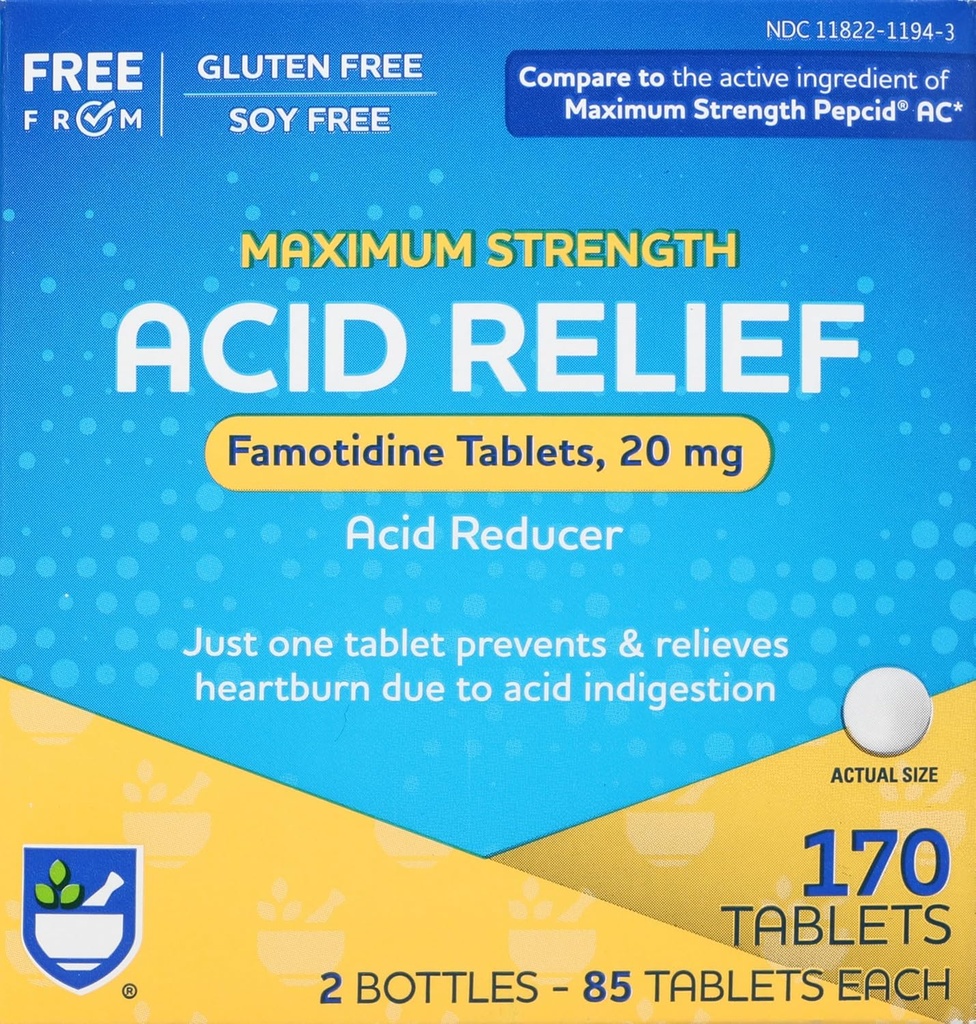 Rite Aid Acid Reducer, Maximum Strength Famotidine Tablets, 20 mg - 2 Bottles, 85 Count Each (170 Count Total) | Heartburn Relief | Acid Reflux | Antacid Chews & Tablets, Heartburn Chews & Tablets