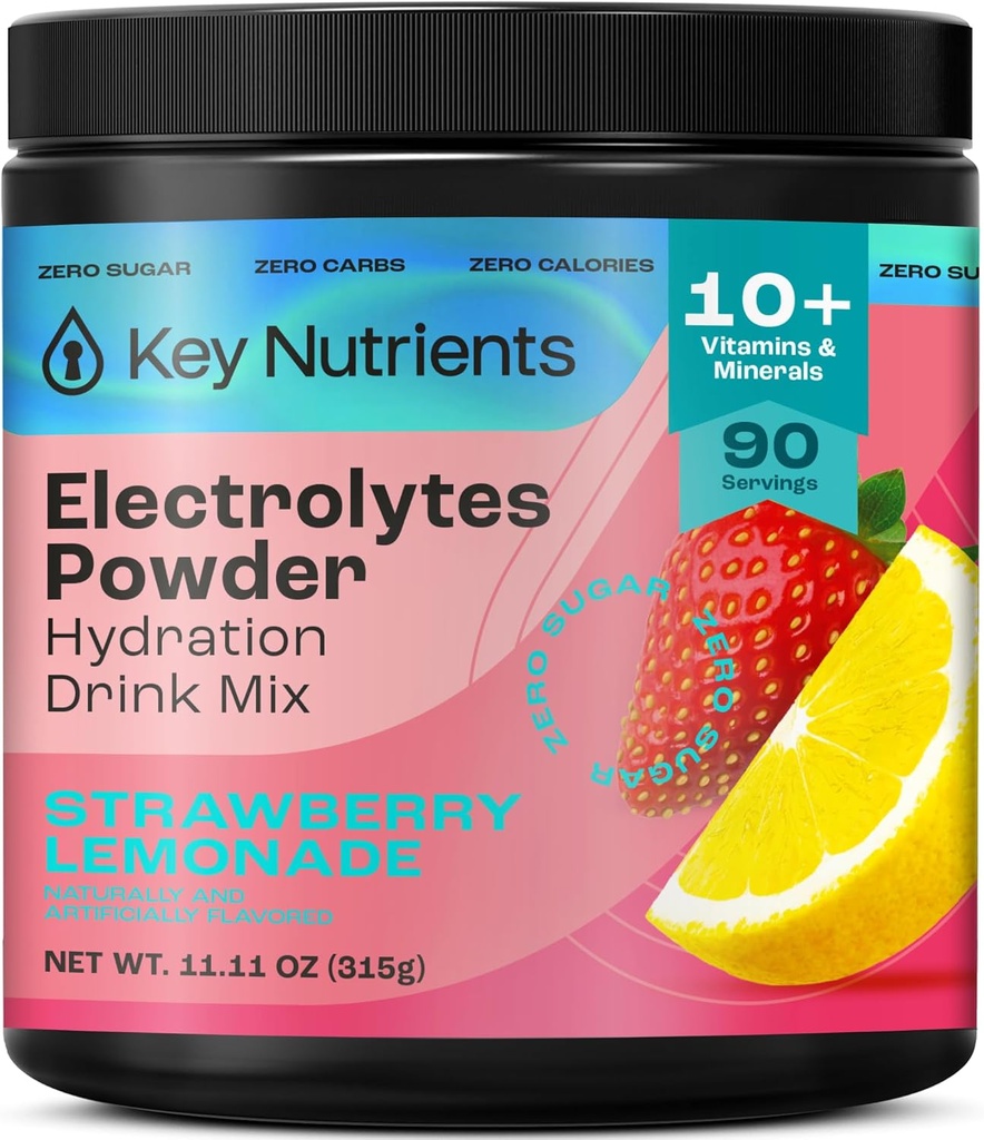 KEY NUTRIENTS Electrolytes Powder No Sugar - Juicy Strawberry Lemonade Electrolyte Powder - Hydration Powder - No Calories, Gluten Free Keto Electrolytes Powder - 90 Servings - Made in USA