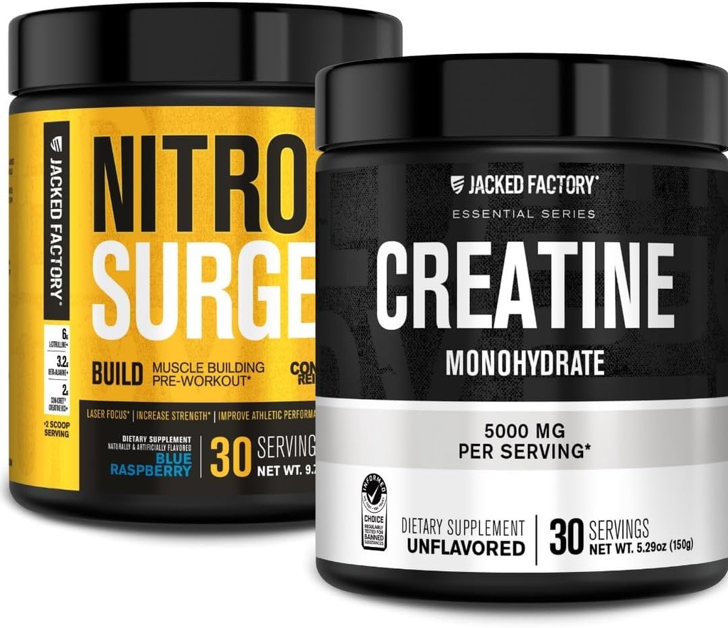 Jacked Factory Nitrosurge Build Pre Workout with Creatine for Muscle Building (30 Servings, Blue Raspberry) & Creatine Monohydrate Powder for Muscle Growth & Recovery (30 Servings, Unflavored)