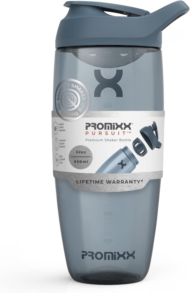 Promixx Pursuit Protein Shaker Bottle (32 oz) – Silent No-Ball Mixer, Leak-Proof Lid, BPA/BPS & Phthalate-Free ECOZEN – Easy-Clean Shaker Cup for Protein Shakes, Pre & Post-Workout Smoothies