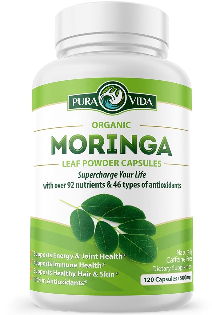 PURA VIDA MORINGA Capsules Single Origin Moringa Powder Organic. Pure Moringa Leaf. Energy, Metabolism, & Immune Support. 120ct. 500mg Caps.