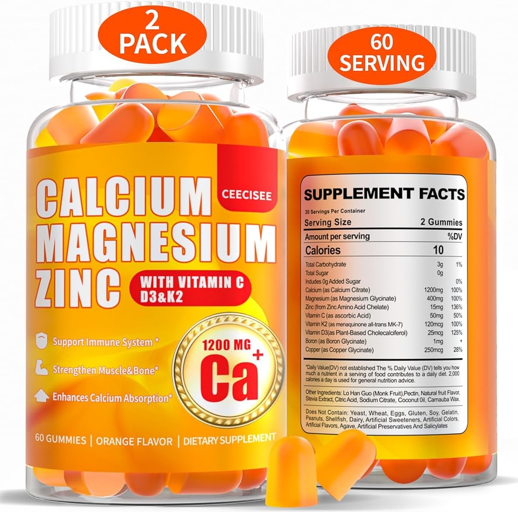 Calcium Magnesium Gummies for Women Men: 1200mg Calcium Citrate Zinc Gummy with Vitamin C D3 K2 - Vegan Sugar Free Chewable High Absorption Enegy Immune Support Supplement(120Count)