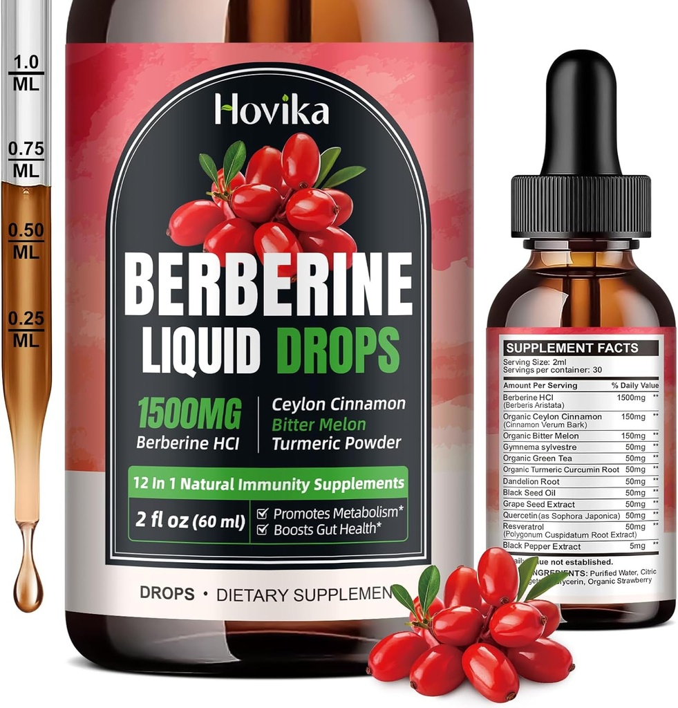 Berberine HCL Liquid Drops - 1500 mg Highly Absorbable Berberine Liquid Drops - Berberine Veggie Supplement for Immune, Digestion System and Heart Health Support, Strawberry Flavor- 2 FL Oz