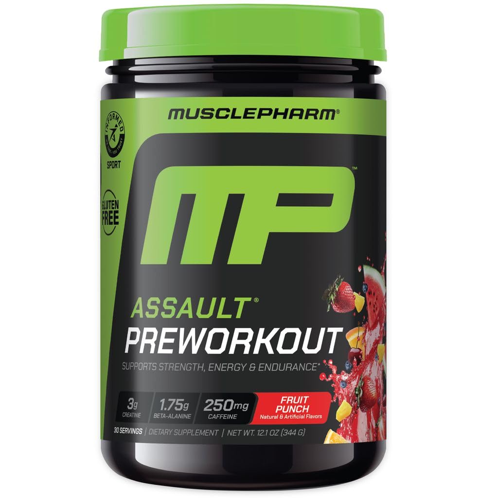 MusclePharm Assault Pre Workout Powder for Men & Women – Energy & Strength Boost Pre-Workout Supplements with Beta Alanine, Caffeine, Creatine & Betaine Anhydrous – 30 Servings, Fruit Punch Flavor