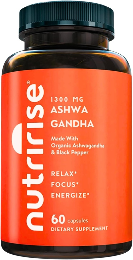 NutriRise Organic Ashwagandha Root Capsules with Black Pepper, 1300mg, Natural Stress & Mood, Thyroid & Immune Support Supplement, Clarity, Focus & Energy, Gluten Free, 60 Count