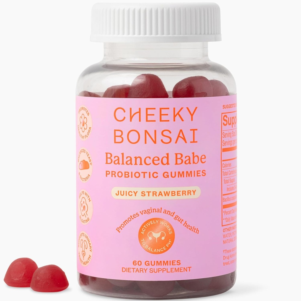 Cheeky Bonsai, Vaginal Probiotic Gummies for Women - Balanced pH, Healthy Odor, and Flora Support - 5 Billion CFUs - Juicy Strawberry Flavor, 60 Count