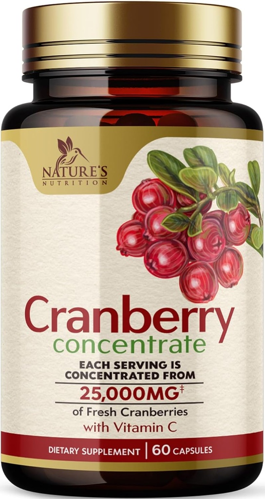 Cranberry Pills Supplement 25,000mg - Fresh Cranberry Equivalent with Vitamin C & E - Urinary Tract Health Support, Sugar Free Formula, Fruit Powder Extract - Non-GMO, Bottled in USA - 60 Capsules