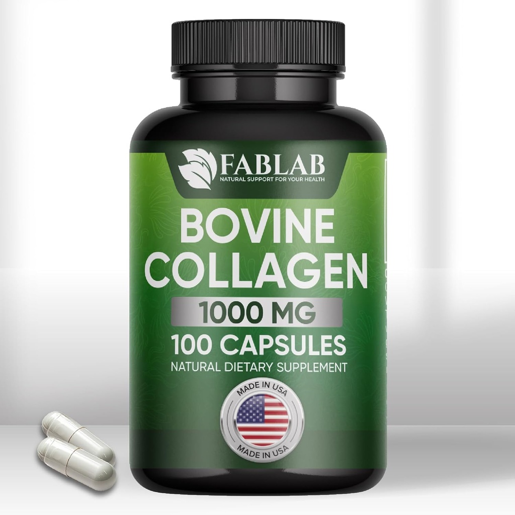 FabLab Bovine Collagen Type I Supplement - Nutritional Supplement for Joint, Nerve & Bone Support - Non-GMO, Anti-Aging Dietary Product with Hydrolyzed Peptides - 100 Capsules