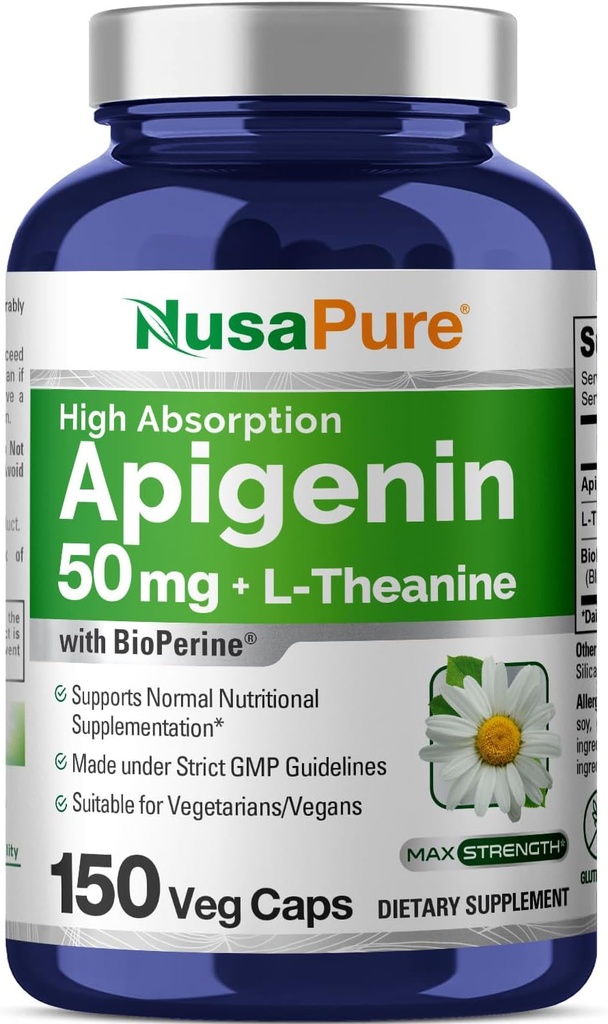 NusaPure Apigenin 50mg & L-Theanine 200mg, 150 Veggie Capsules, Bioperine (Non-GMO, Gluten Free)