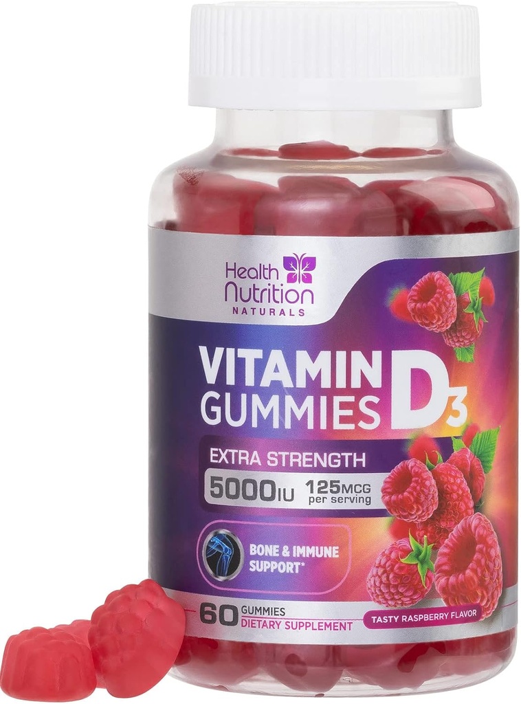 Vitamin D3 Gummies 5000 IU (125 mcg) - Triple Strength Bone and Immune Support, Vitamin D Gummy Dietary Supplement, Nature's Berry D Vitamin Supplement, Raspberry Flavored, Non-GMO - 60 Gummies
