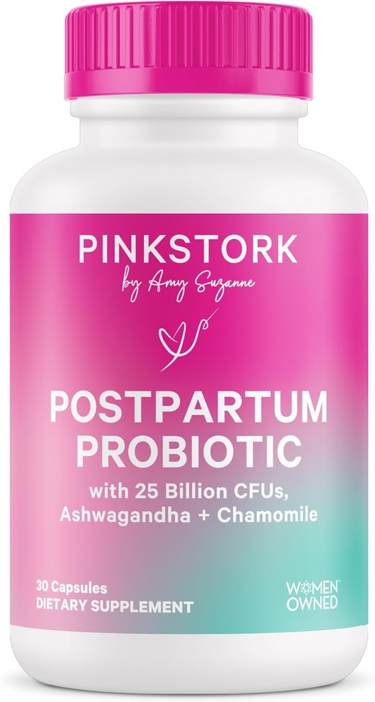 Pink Stork Probiotics for Postnatal Women - 30 Billion CFUS with Ashwagandha and Chamomile, Postpartum Essentials for Hormone Balance, Mood Support, Gut Health, Digestive Wellness, 30 Capsules