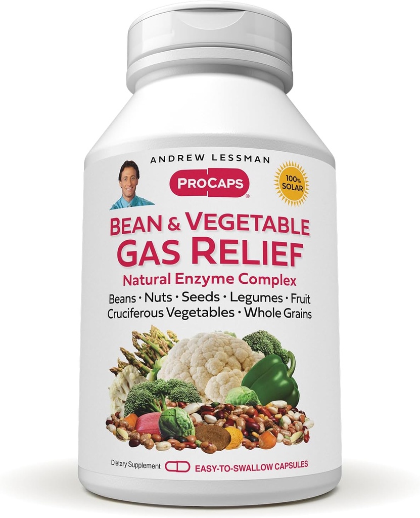 ANDREW LESSMAN Bean and Vegetable Gas Relief 60 Capsules - Natural Enzyme Complex Reduces Gas, Bloating from Beans, Cruciferous Vegetables, Fruits, Grains and Other Foods. Gentle and Effective