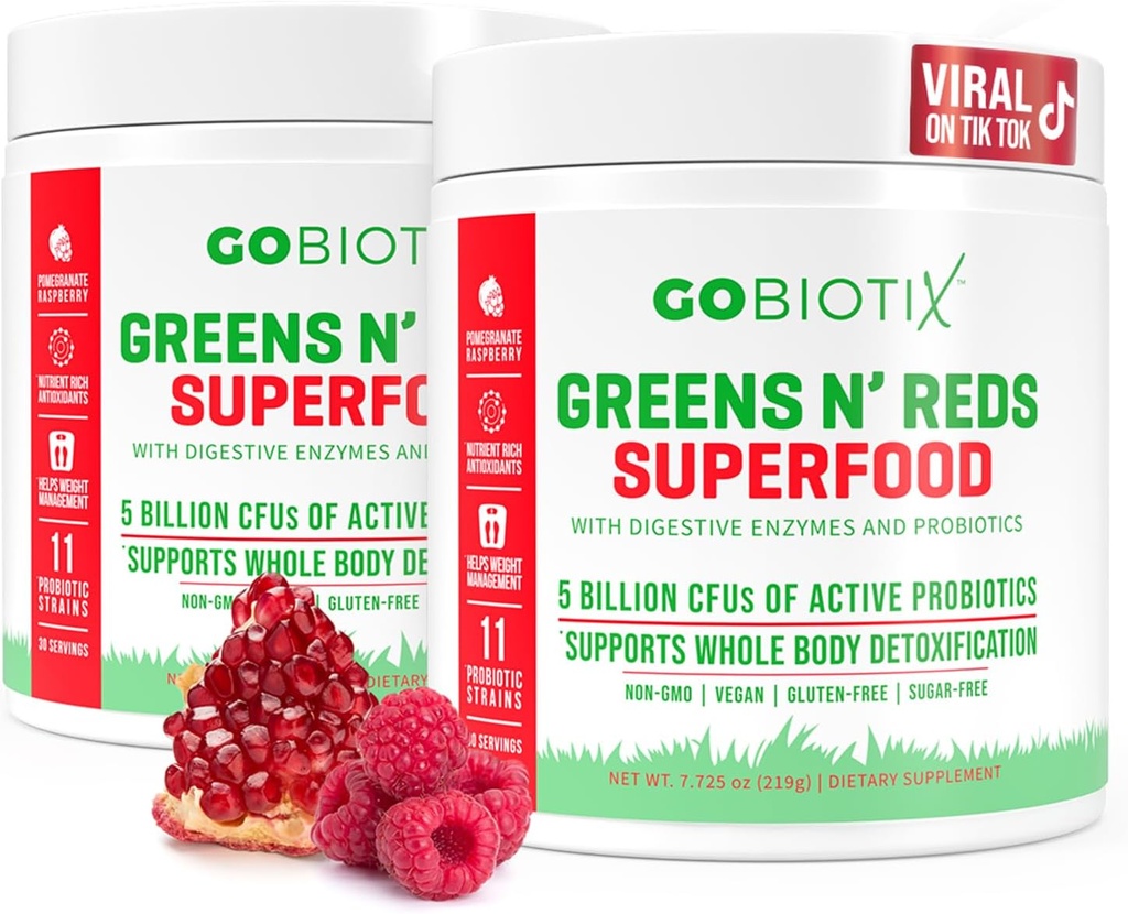 GOBIOTIX Super Greens and Reds Powder - Red and Green Superfood - Probiotic Supplement - Digestive Enzymes and Beet Root Powder - Organic Whole Foods Dietary Supplement (Pom Raspberry, 2 Pack)