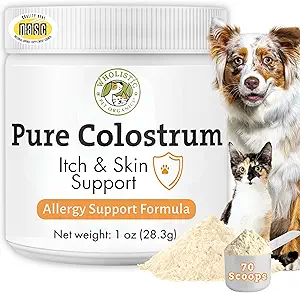 Wholistic Pet Organics Bovine Colostrum Powder - 1 Oz - Seasonal Dog Allergy Relief - Itch Relief for Dogs - Natural Anti Itch Supplement for Dogs - Made in USA - Alternative to Dog Allergy Chews