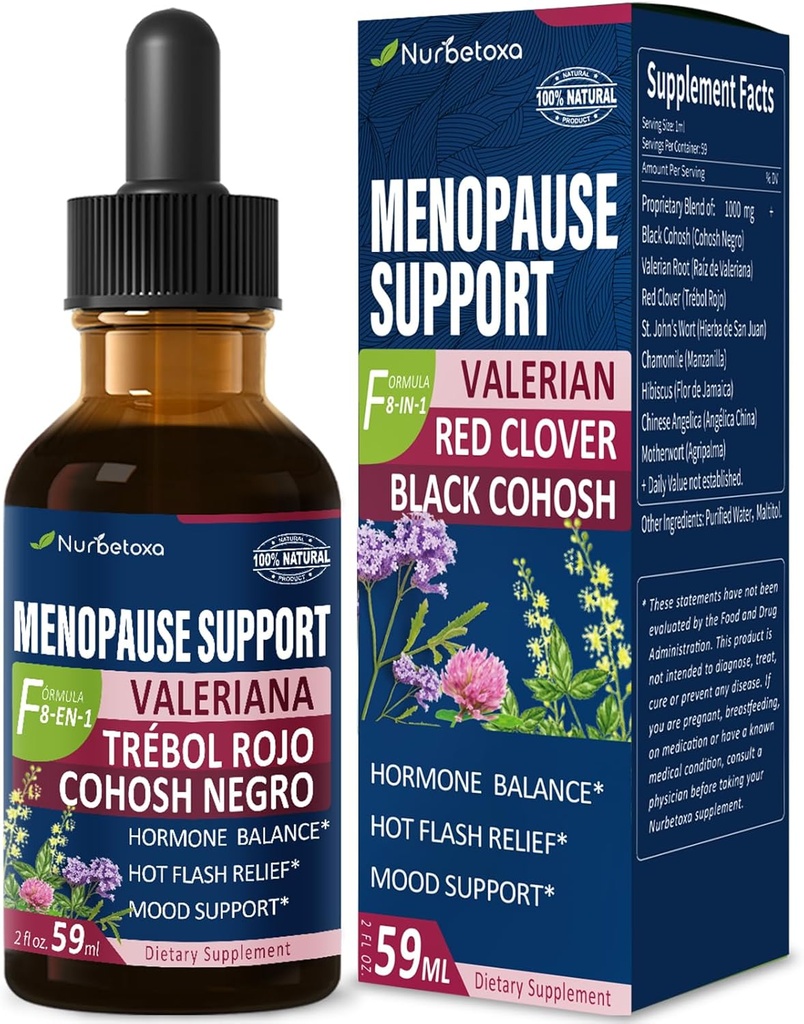 Black Cohosh Menopause Support Drops, Phytoestrogen Supplements W/Red Clover, Motherwort & St. John's Wort Extract for Hot Flashes, Night Sweats & Comfort. Cimicifuga para Menopausia. 2oz