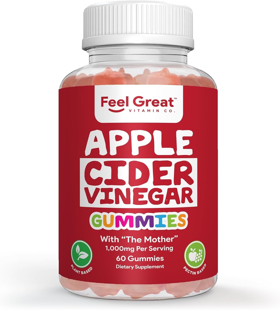 Feel Great Vitamins Apple Cider Vinegar Gummies – ACV with The Mother for Digestive Support & Daily Wellness – Vegan, Non-GMO, 60 Gummies