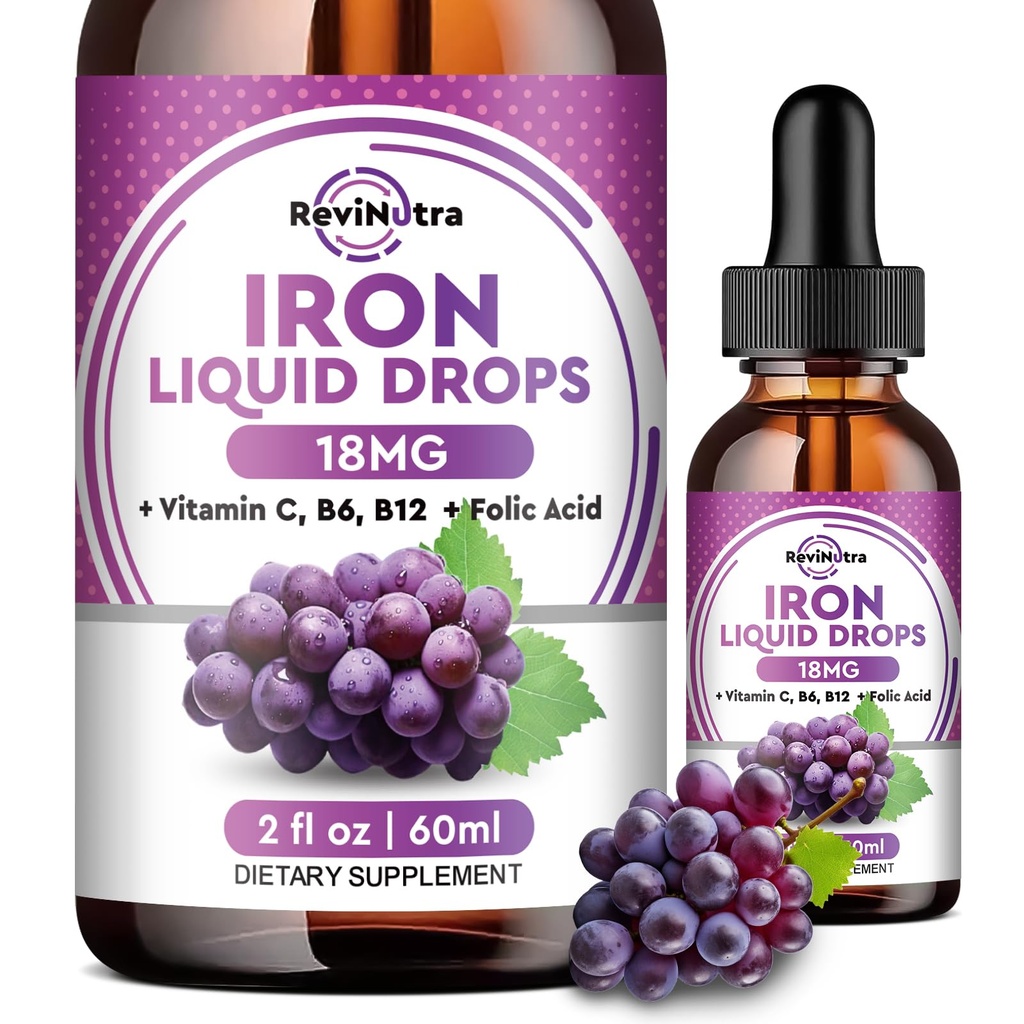 Liquid Iron Supplement for Women, Men & Kids - Liquid Iron Drops with Folate, Vitamin C, B6, B12 for Anemia, Red Blood Cell, Energy Support - Grape Flavor, 2 Fl Oz