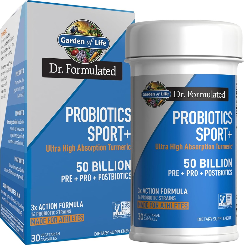 Garden of Life Dr Formulated Sport Probiotics Digestive Supplement, Organic Prebiotics for Women & Men Athletes, Clinically Studied Turmeric Curcumin, 50 Billion CFU, Gut Health, Acidophilus, 30ct
