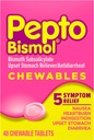 Pepto Bismol Chewable Tablets for Nausea, Heartburn, Indigestion, Upset Stomach, and Diarrhea - 5 Symptom Fast Relief, Original Flavor, 48 ct