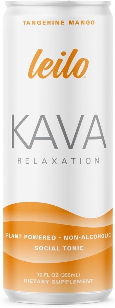 LEILO | Kava Powered Sparkling Relaxation Drink | Tangerine Mango 12-Pack – Non-ALC Calming Beverage | 12 fl oz Cans (Pack of 12) | Packaging May Vary