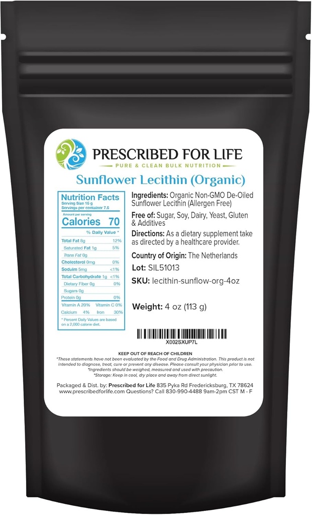 Prescribed For Life Organic Sunflower Lecithin Powder, Natural, Gluten Free, Vegan, Non GMO, Soy Free, Kosher, Lecithin Supplement Rich in Choline & Essential Fatty Acids (4oz / 113g)