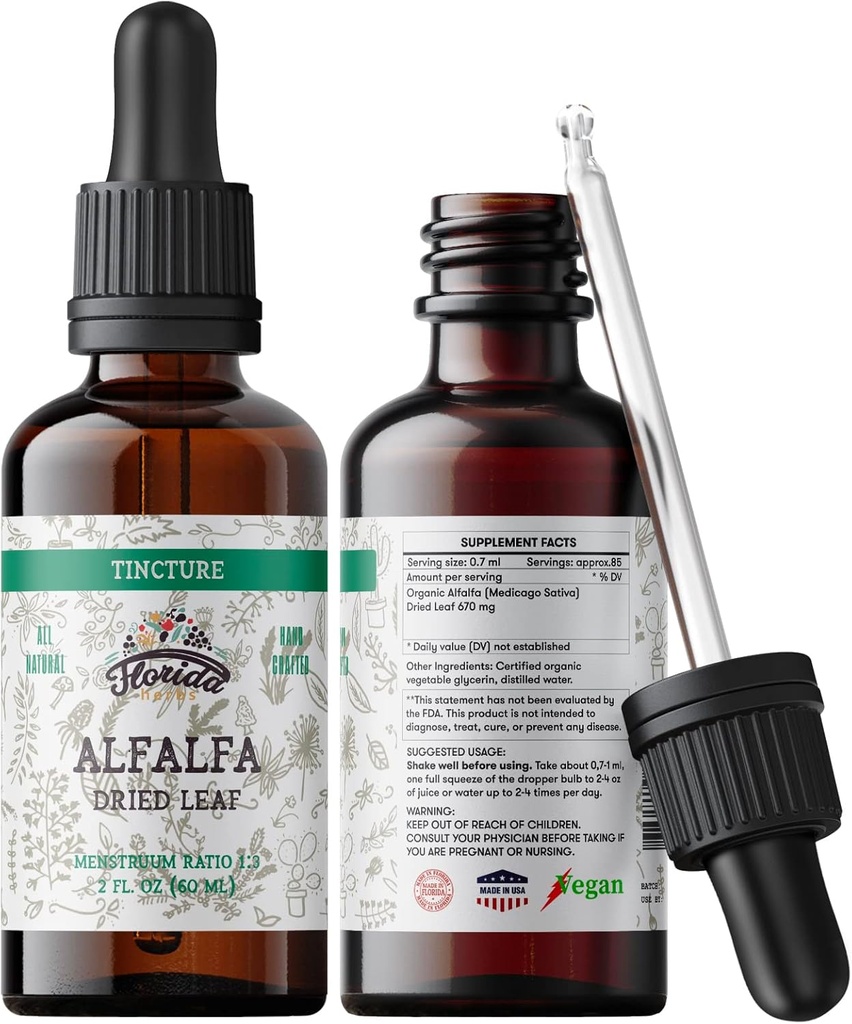 Alfalfa Tincture, Organic Alfalfa Extract (Medicago Sativa) Dried Leaf, Antioxidant Extract for Immune Support, Non-GMO in Cold-Pressed Organic Vegetable Glycerin 2 oz, 670 mg