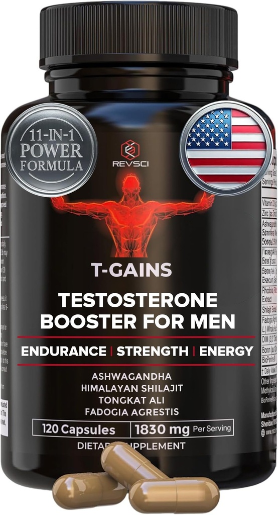 T-GAINS Testosterone Booster for Men for Muscle Growth (120 Caps) - Boosts Endurance, Strength, & Energy - Testosterone Supplement for Men, TRT Test Booster & Estrogen Blocker - HGH Supplements