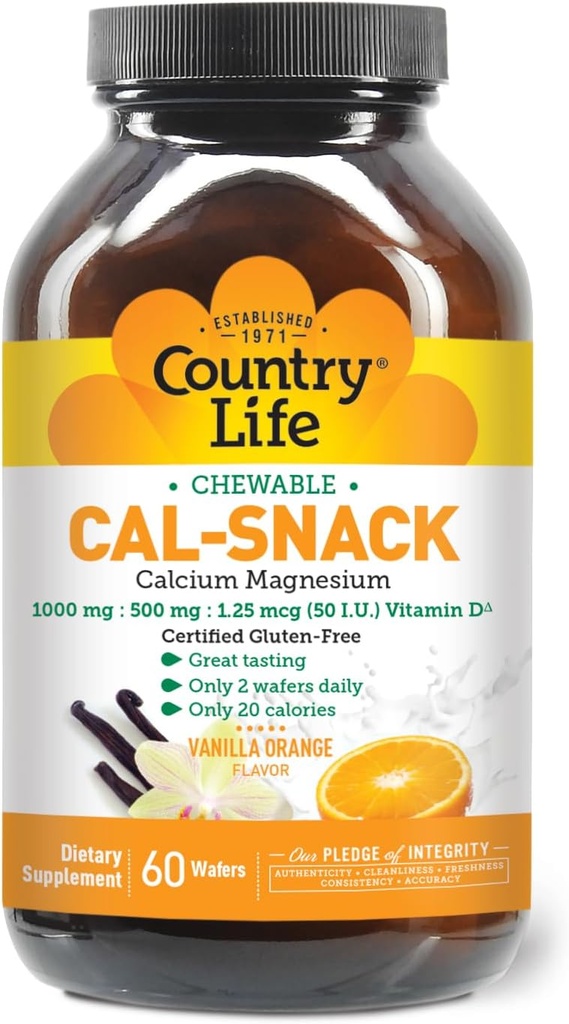Country Life Cal-Snack, Chewable Calcium, Magnesium with Vitamin D, 1000mg/500mg/50 IU, Dairy-Free, Vanilla Orange Flavor, 60 Wafers, Certified Gluten Free, Certified Vegan