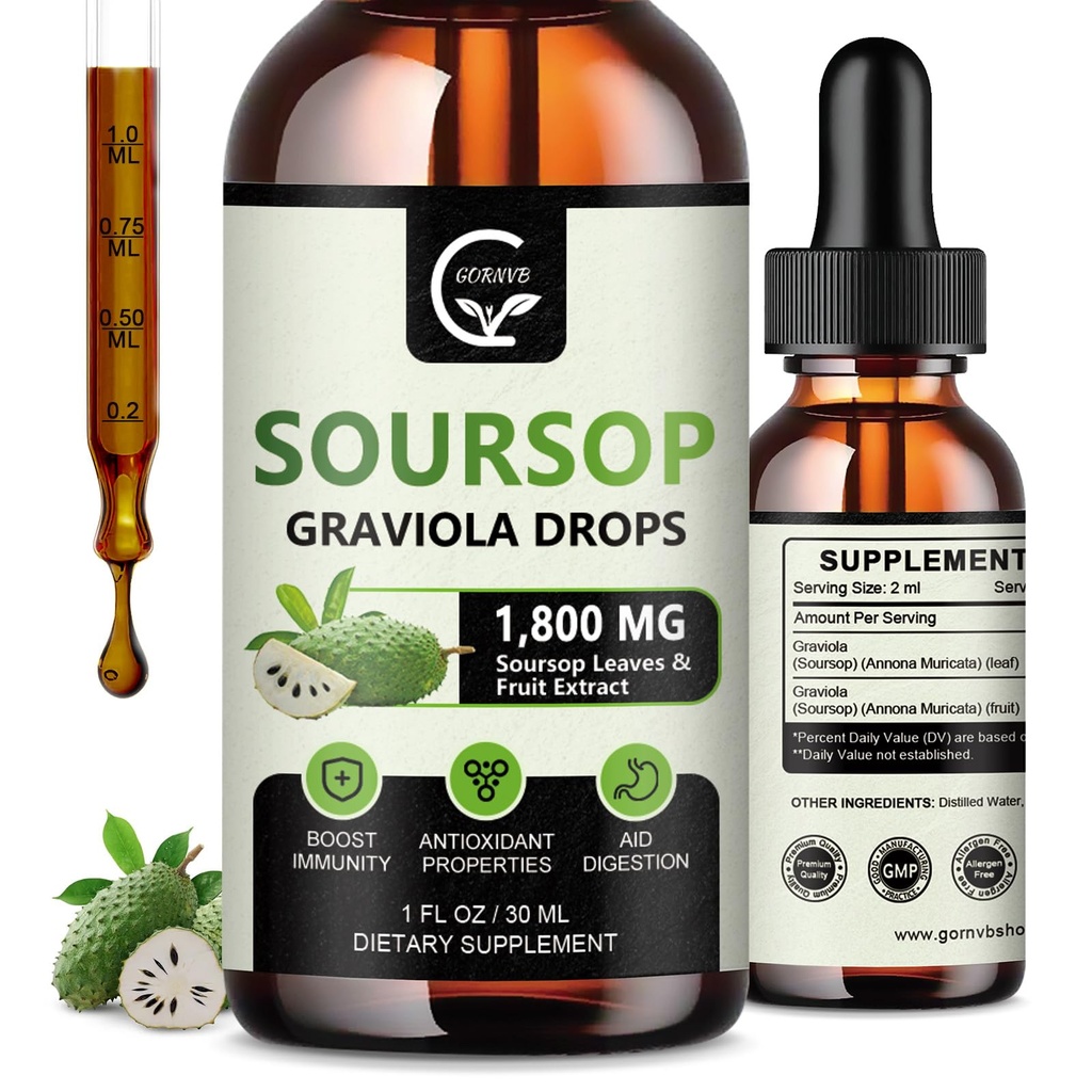 (2 Pack) Soursop Graviola Liquid Drops 1800mg, 98% Absorption Soursop Bitters Liquid for Cell Support & Regeneration, Immune Boost, Relax, Liver and Sleep, Herbal Goodness, Gluten Free, 1 Fl Oz