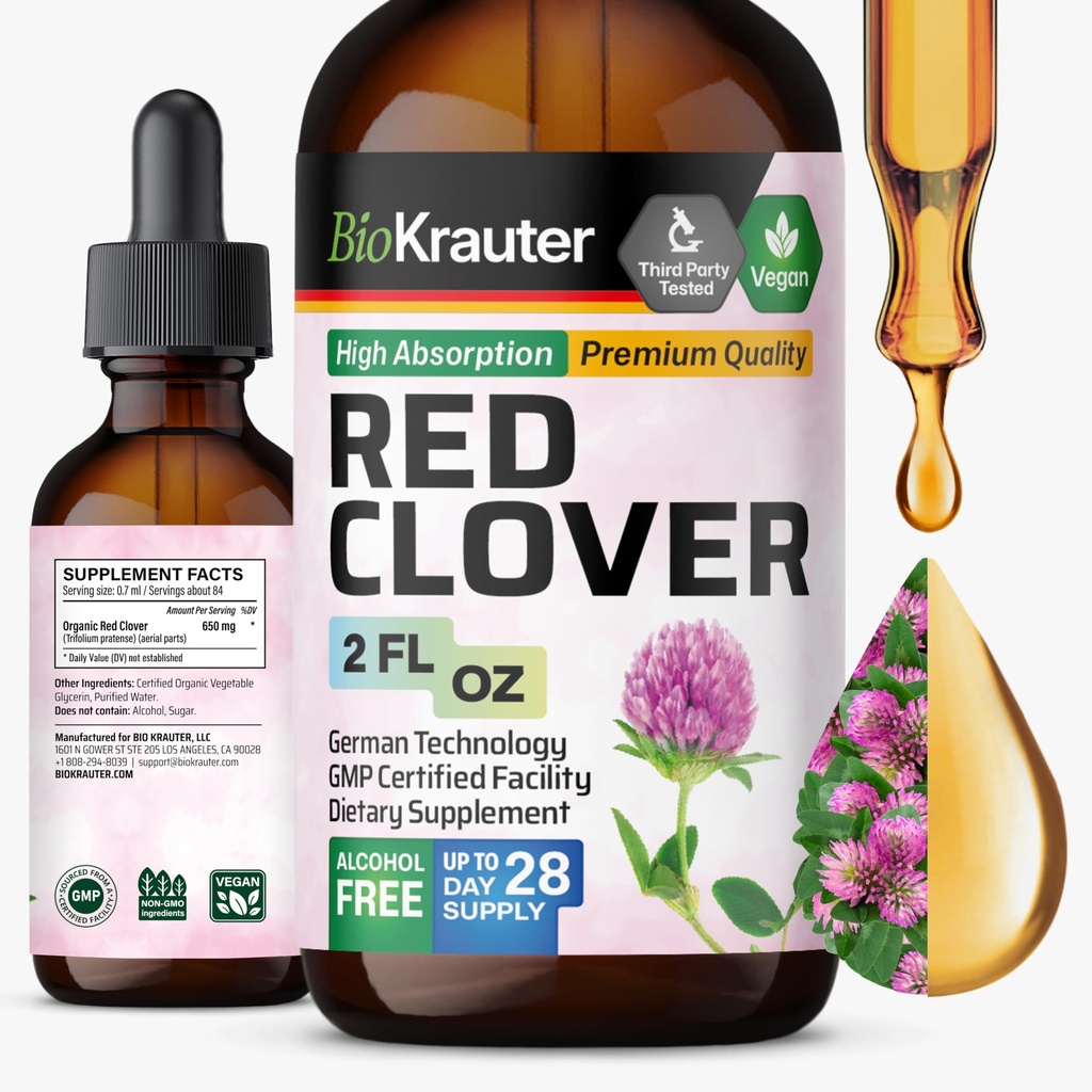 BIO KRAUTER® Perimenopause & Menopause Supplements for Women* - Red Clover Supplement 2 Fl.Oz 28-Day Supply - Vegan Red Clover Extract for Menopause Support & Women's Wellness - Alcohol & Sugar Free