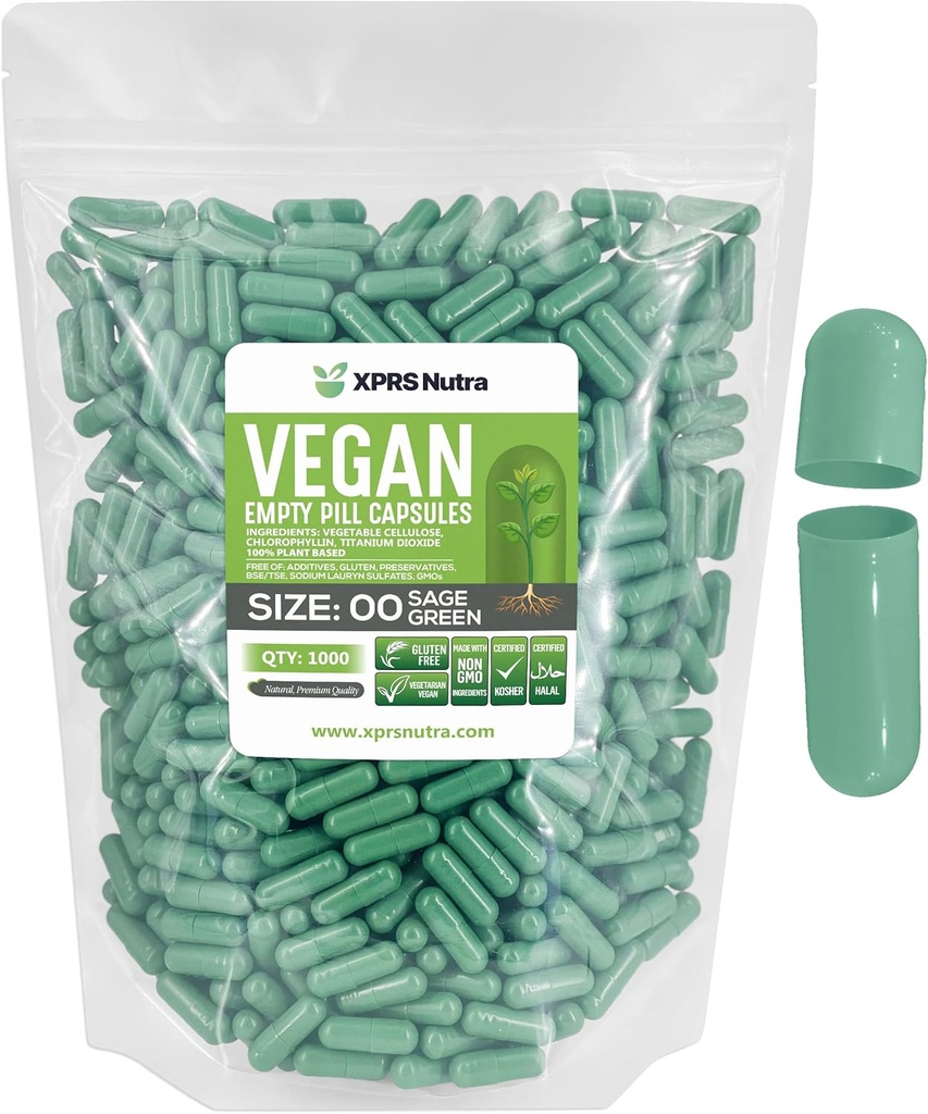 XPRS Nutra Size 00 Empty Capsules - 1000 Count Empty Vegan Capsules - Vegetarian Empty Pills - DIY Vegetable Capsule Filling- Veggie Pill Caps (Sage Green)