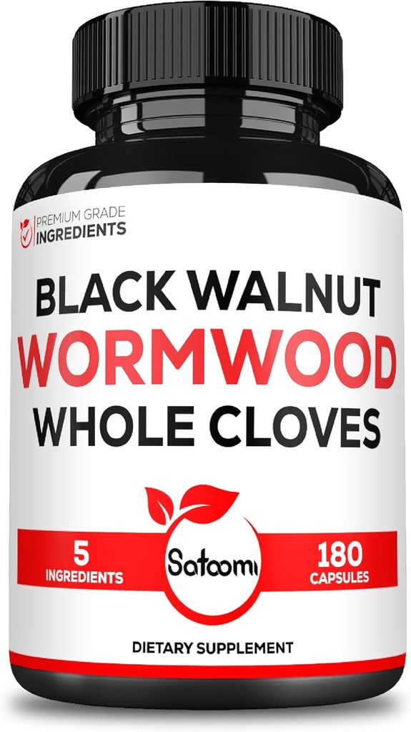 Satoomi 5 in 1 Wormwood Capsules Supplement - Extracted from Black Walnut, Whole Cloves, Turmeric and Berberine HCl - Immune System & Digestion Health - 180 Count -90 Day Supply