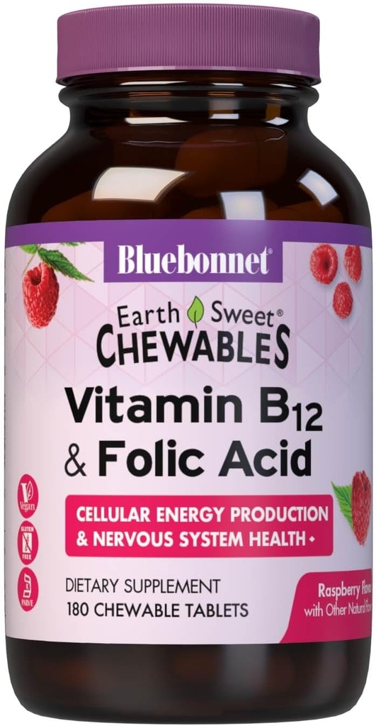 Bluebonnet Nutrition Earth Sweet Vitamin B12 1000 mcg & Folic Acid 400mcg Brain Health & Energy* Vitamins for Women & Men - Vegan, Gluten-Free Raspberry B 12 Vitamin - 180 Chewable Tablets