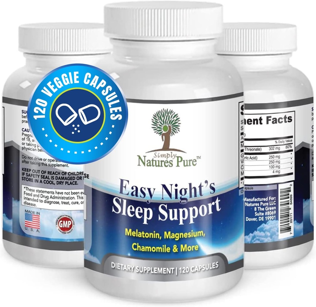 Simply Natures Pure – Easy Night's Sleep Support – Natural Supplement – Magnesium – Valerian Root – Chamomile – Melatonin – Vegetable Capsule - Non-GMO
