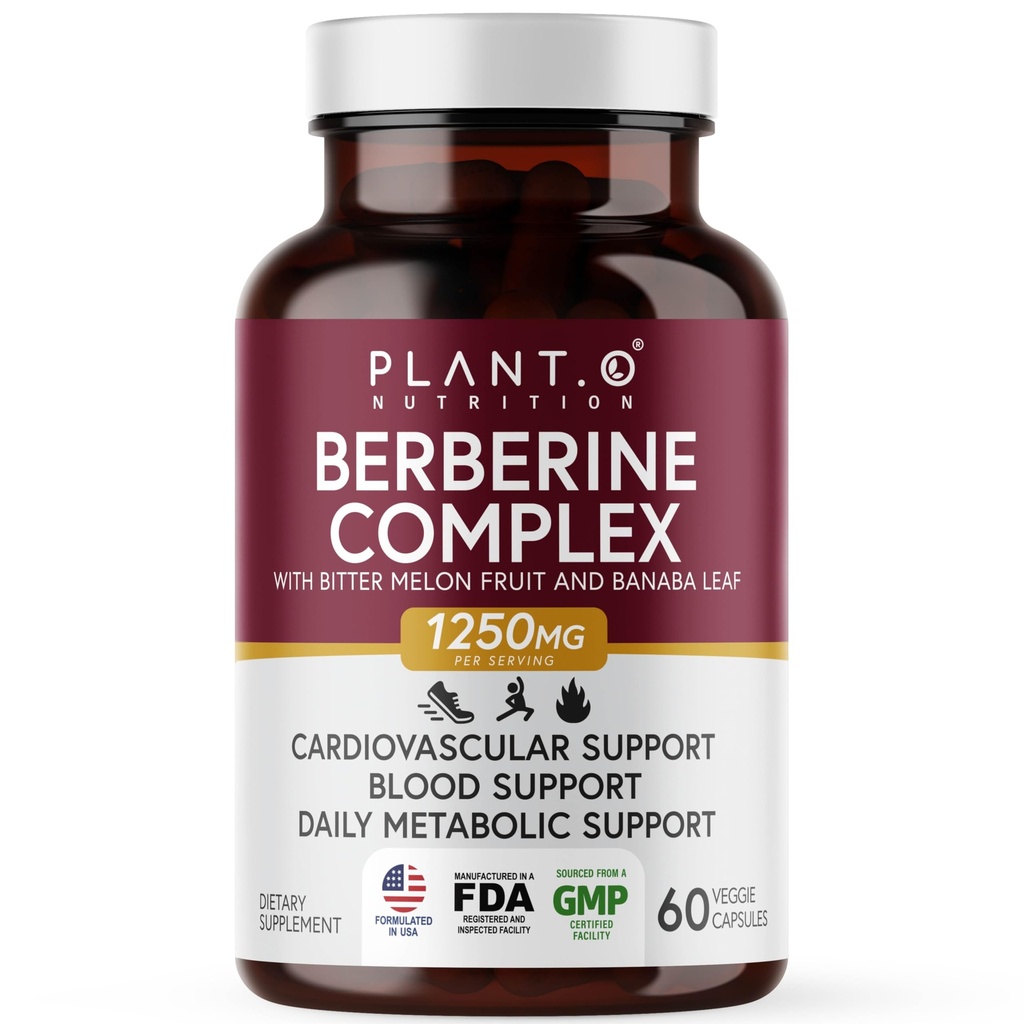 PLANT.O NUTRITION Berberine Supplement - 10xHigher Absorption Berberine HCI Complex with Bitter Lemon & Banaba Leaf - Cholesterol & Metabolic Clinically Researched Support - 60 Capsules Non-GMO