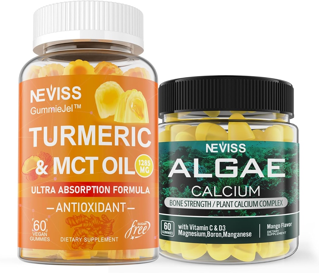 NEVISS Sugar Free Turmeric Curcumin Gummies + Marine Algae Calcium Supplement 600mg, High Absorption, Vegan