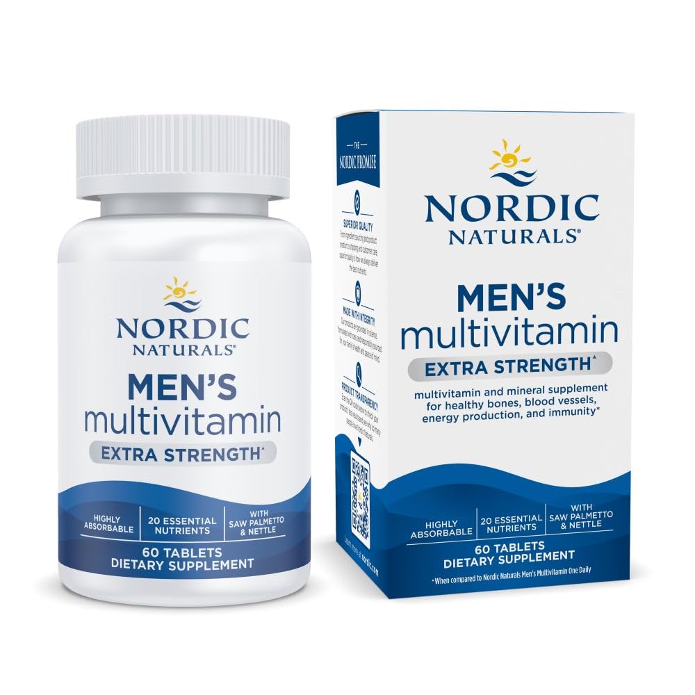 Nordic Naturals Men’s Multivitamin Extra Strength - Bone, Energy, & Blood-Vessel Support - Immunity Supplement - 20 Essential Nutrients - 60 Tablets - 30 Servings