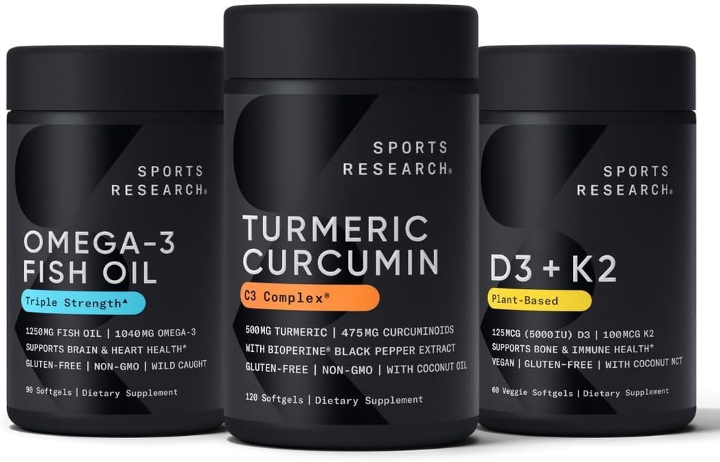 Sports Research Wild Alaskan Pollock Omega 3 Fish Oil 90 Softgels (1250 mg), Turmeric Curcumin C3 Complex (120 Softgels) and Vegan 5000 IU Vitamin D + 100mcg Mk7 Vitamin K (60 Softgels)