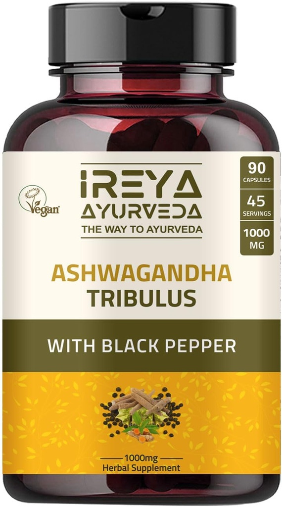 Ashwagandha Capsules Organic 1000mg (90 Capsules) Made with Tribulus Terrestris, Shatavari and Black Pepper Organic Ingredients | 45 Days Supply