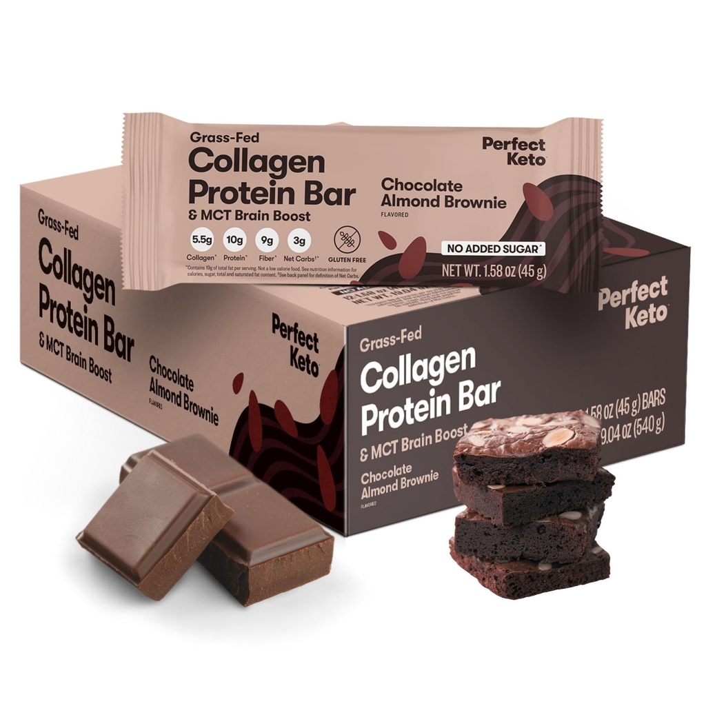 Perfect Keto Bars - The Cleanest Keto Snacks with Collagen and MCT. No Added Sugar, Keto Diet Friendly - 3g Net Carbs, 19g Fat, 10g protein - Diet Food Dessert (Almond Butter Brownie, 12 Bars)