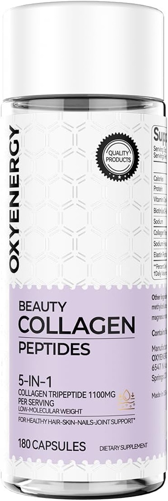 OxyEnergy Collagen Peptides Capsules for Women, 1100mg Hydrolyzed Collagen Tripeptides(Types I) Supplements with Biotin and Vitamin C, 180 Collagen Pills to Promotes Hair, Nail, Skin, 2 Months Supply