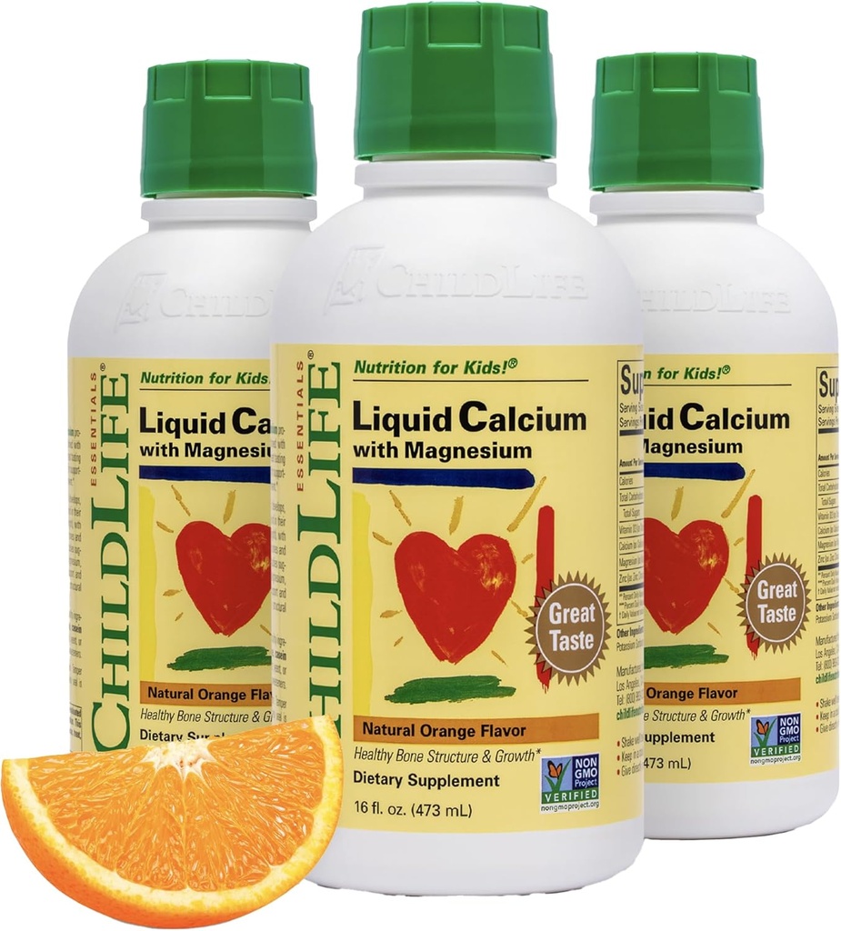 ChildLife Essentials Liquid Calcium Supplement for Kids - Baby Calcium with Magnesium, Zinc, and Vitamin D3 - Orange Flavor, 16 fl oz (3 Pack)