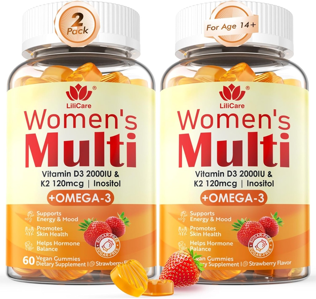 Womens Multivitamin Gummy with Omega 3（DHA/EPA), Vitamin D3 K2, Calcium, Inositol, Daily Womens Vitamin A C E B Complex, L-MethylFolate, Methyl B12,Sugar Free Methylated Multivitamins Minerals, 120Cts