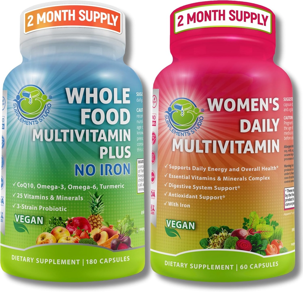 SUPPLEMENTS STUDIO Comprehensive Women's Multi-System Support Duo – Whole Food Multivitamin Without Iron + Women’s Daily Multivitamin with Iron – Vegan, Non-GMO, Clean Daily Wellness Support