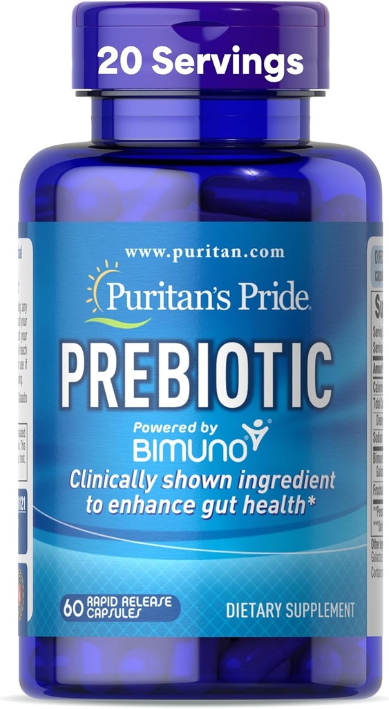 Puritan's Pride Prebiotics for Men and Women Powered by Bimuno, Dietary Supplement for Advanced Gut Health, Helps to Alleviate Bloating, 60 Rapid Release Capsules