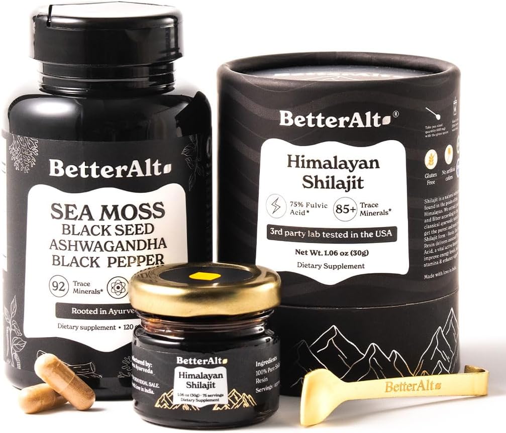 Better Alt Shilajit Resin 30 gm & Sea Moss Capsules Energy Duo| Pure Himalayan Shilajit Gold Grade for Men & Women with High Potency & Irish Sea Moss with Black Seed Oil
